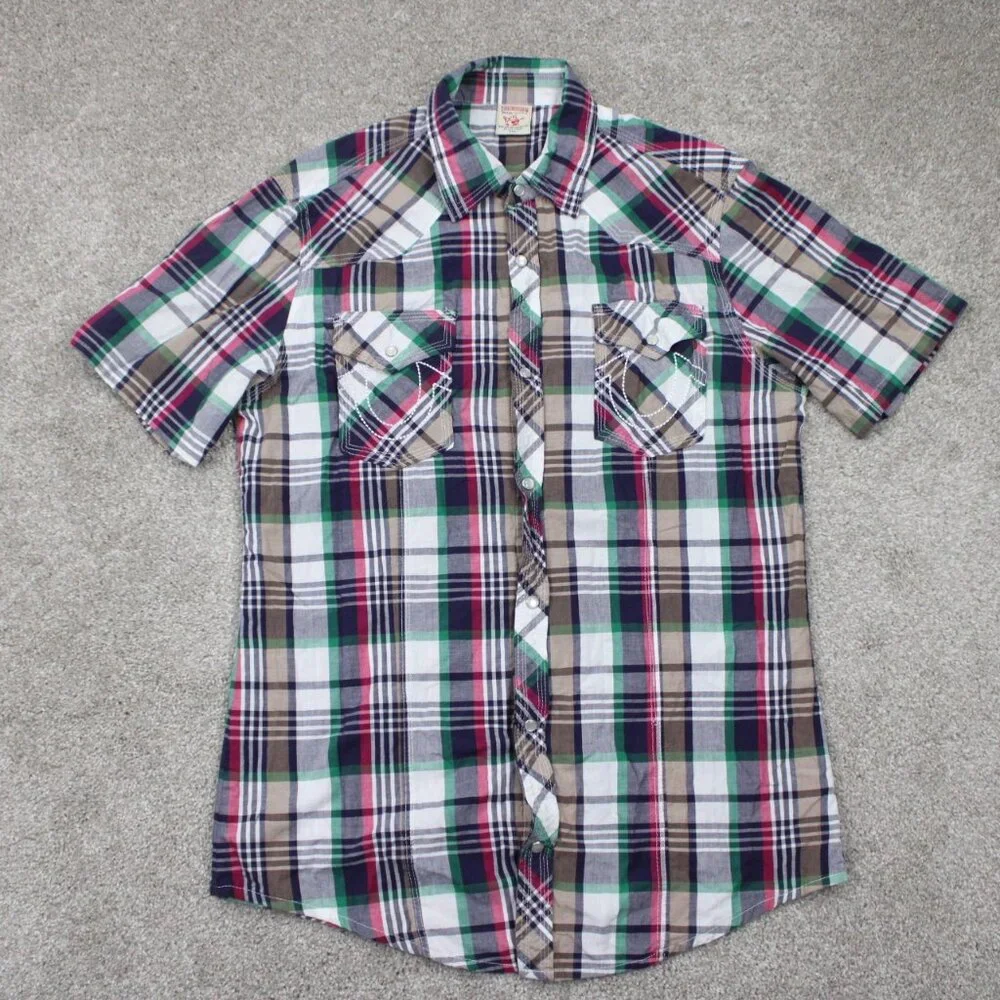True Religion Pearl Snap Shirt Mens 2XL XXL Red/White/Green/Gray S/S 100% Cotton